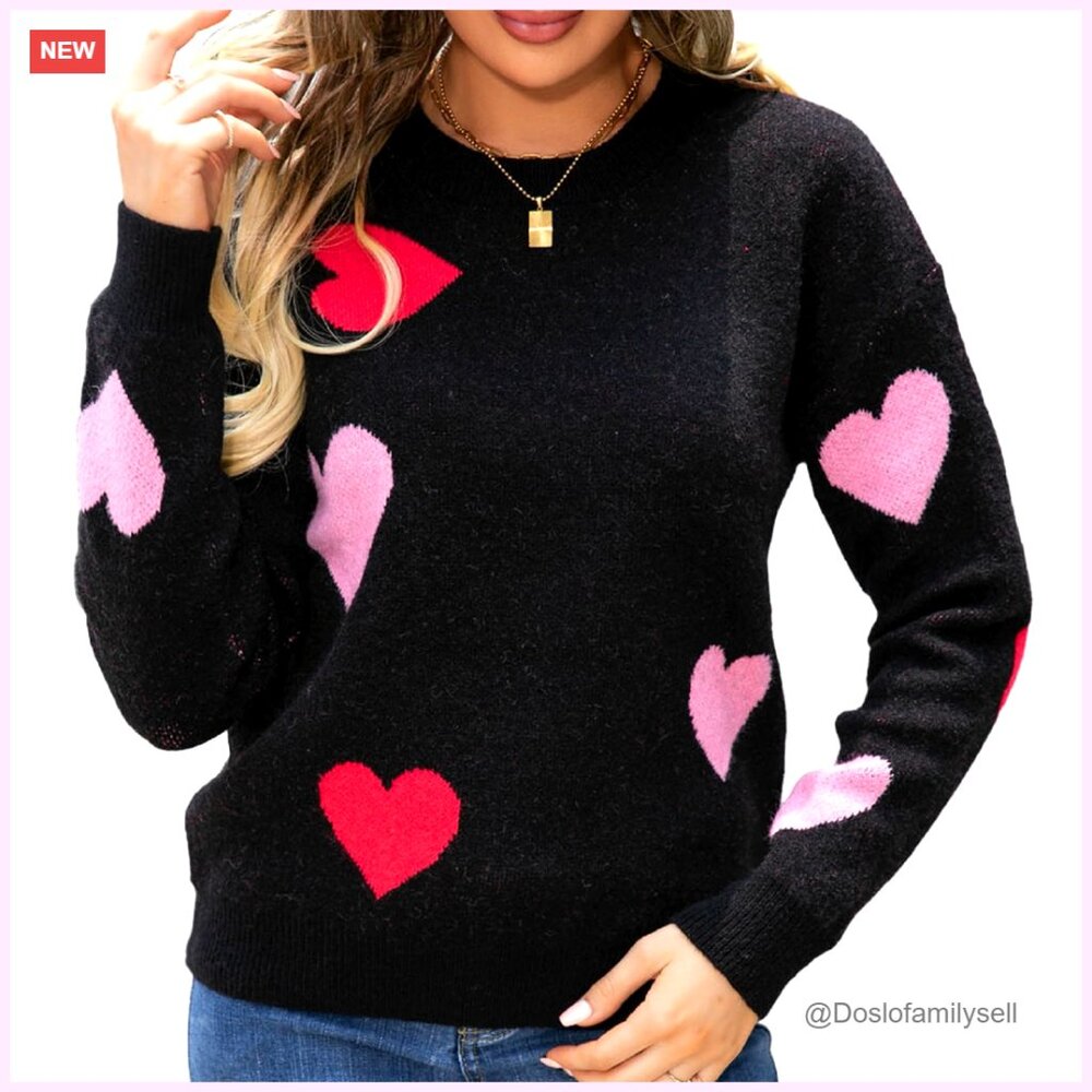 Oversized Heart Print Pullover Sweater Romantic Valentine Knit Top Casual